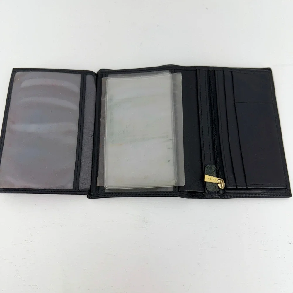 Katana Mens Black Leather Trifold Wallet Vertical Zip Pocket ID Windows